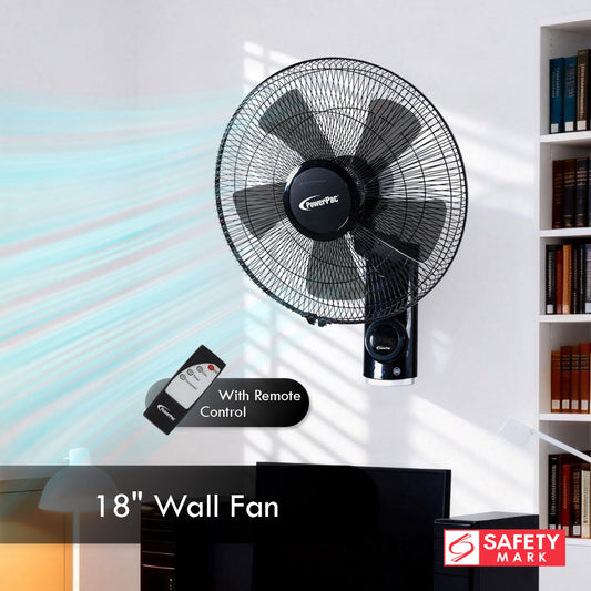 PowerPac 18 Wall Fan – Remote Control. Adjustable Tilt. Oscillation. Safe & Easy Installation. Thermal Protection. 3-Speed. black. PPWF98R