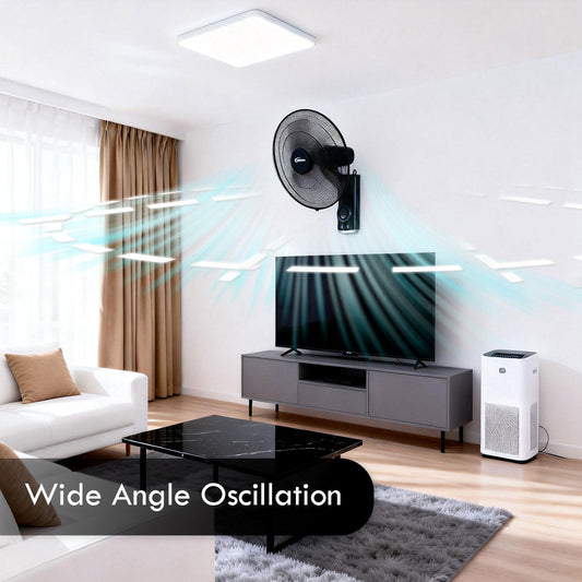 PowerPac 18 Wall Fan – Remote Control. Adjustable Tilt. Oscillation. Safe & Easy Installation. Thermal Protection. 3-Speed. black. PPWF98R