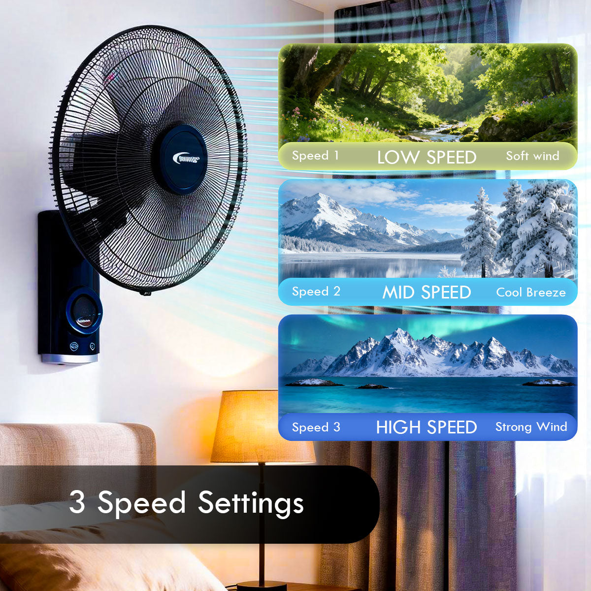 PowerPac 18 Wall Fan – Remote Control. Adjustable Tilt. Oscillation. Safe & Easy Installation. Thermal Protection. 3-Speed. black. PPWF98R