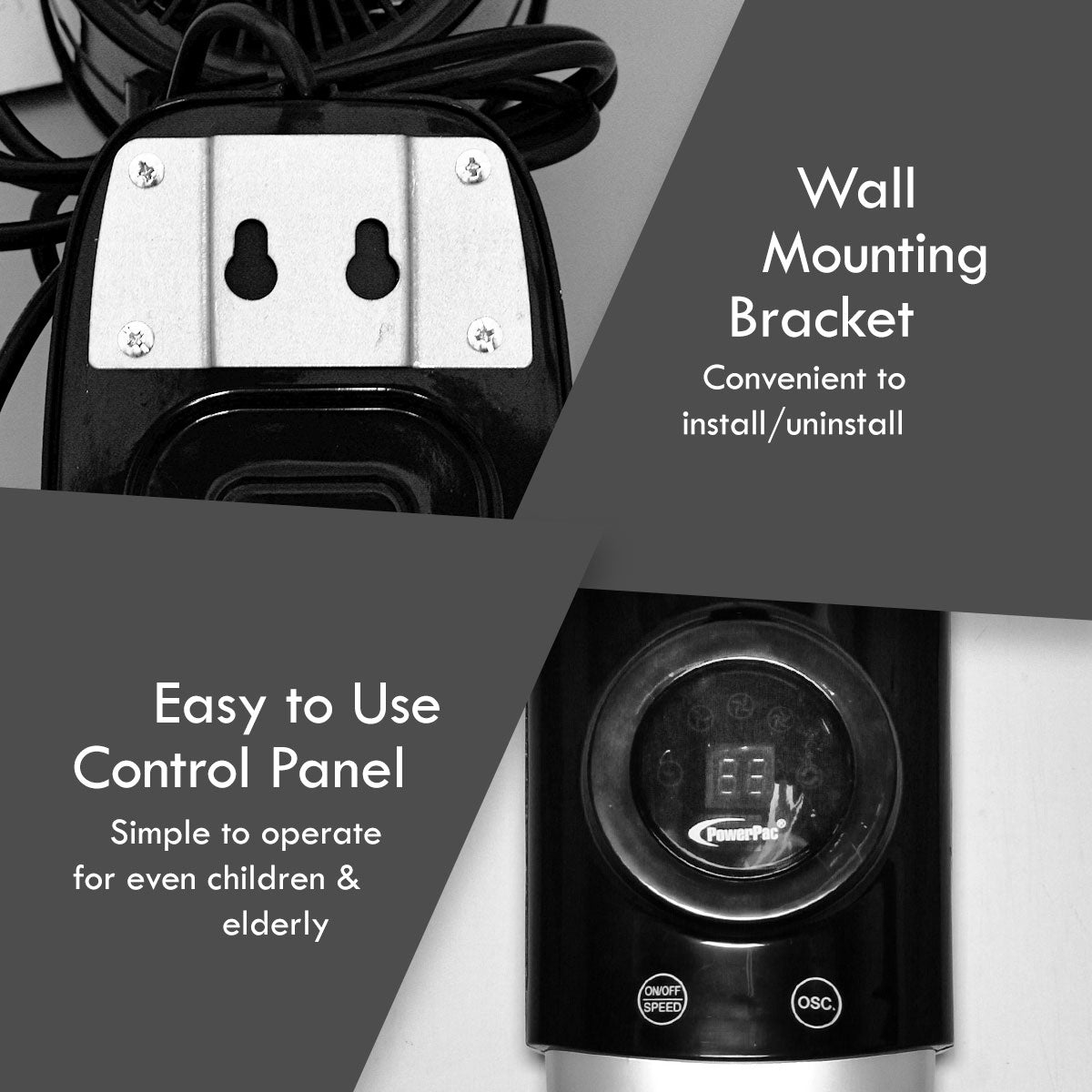 PowerPac 18 Wall Fan – Remote Control. Adjustable Tilt. Oscillation. Safe & Easy Installation. Thermal Protection. 3-Speed. black. PPWF98R