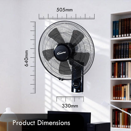 PowerPac 18 Wall Fan – Remote Control. Adjustable Tilt. Oscillation. Safe & Easy Installation. Thermal Protection. 3-Speed. black. PPWF98R