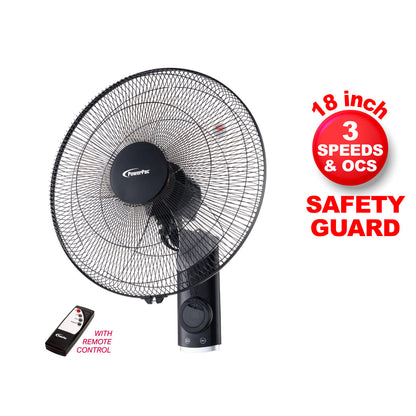 PowerPac 18 Wall Fan – Remote Control. Adjustable Tilt. Oscillation. Safe & Easy Installation. Thermal Protection. 3-Speed. black. PPWF98R