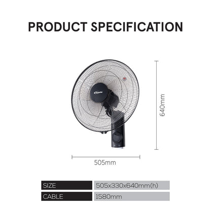 PowerPac 18 Wall Fan – Remote Control. Adjustable Tilt. Oscillation. Safe & Easy Installation. Thermal Protection. 3-Speed. black. PPWF98R