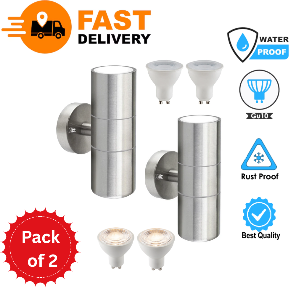 Modern Outdoor Up Down Wall Light – Stainless Steel. IP65 Waterproof. Mains Powered Exterior Sconce for Porch. Patio. or Garage
