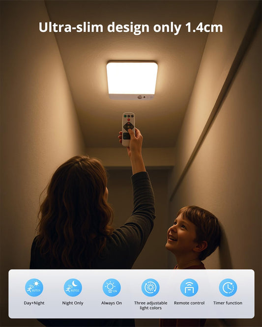 Battery Operated Motion Sensor Ceiling Light – USB Rechargeable Wireless LED with Remote for Shed. Garage & Porch