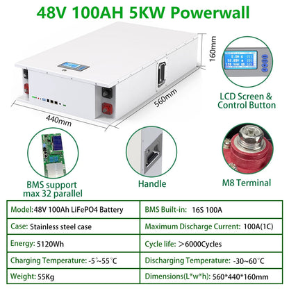LiFePO4 48V 200AH Powerwall Battery - 10KW Lithium Solar Battery 6000+ Cycle Max 32 Parallel Compatible With Inverter 48V LiFePO4
