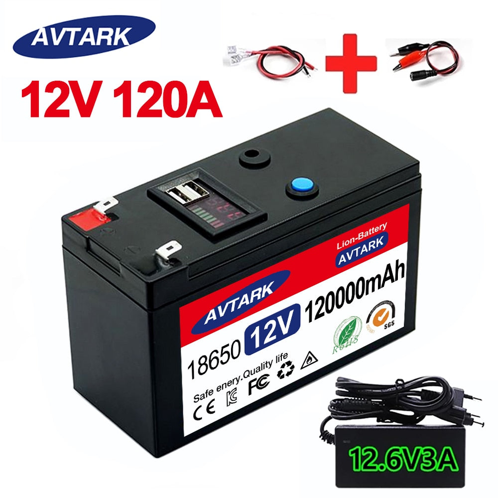 12V Battery 120Ah 18650 lithium battery pack Rechargeable battery for solar energy electric vehicle battery+12.6v3A charger