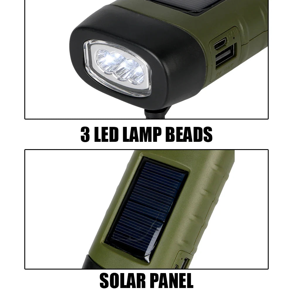 LED Flashlight Solar Flashlight For Fishing Boating Hiking Survival Gear Power Bank Rechargeable Emergency Hand Crank Dynamo
