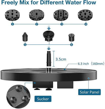 2.5W Solar Bird Bath Fountain - Solar Fountain Pump for Bird Bath with 6 Nozzles. Solar Powered Water Fountain for Garde