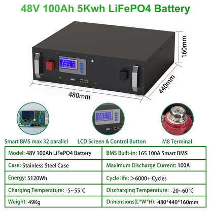48V LiFePO4 100Ah 5120Wh Battery Pack - 16S 100A BMS CAN RS485 BUS PC Monitor 6000 Cycles Life 10 Years Warranty