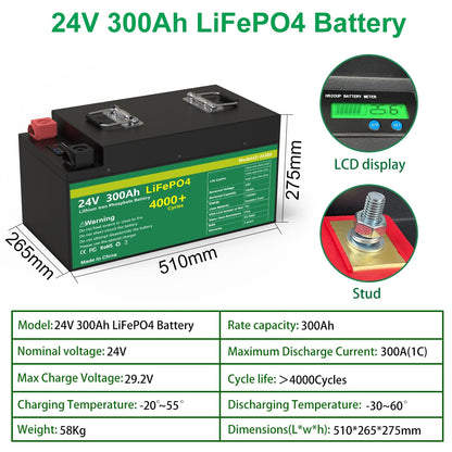 24V 200AH LiFePO4 Battery Pack 300Ah Lithium Solar Battery Grand A Cells Built-in BMS 4000+ Cycle For RV Boat NO TAX LiFePO4 48V