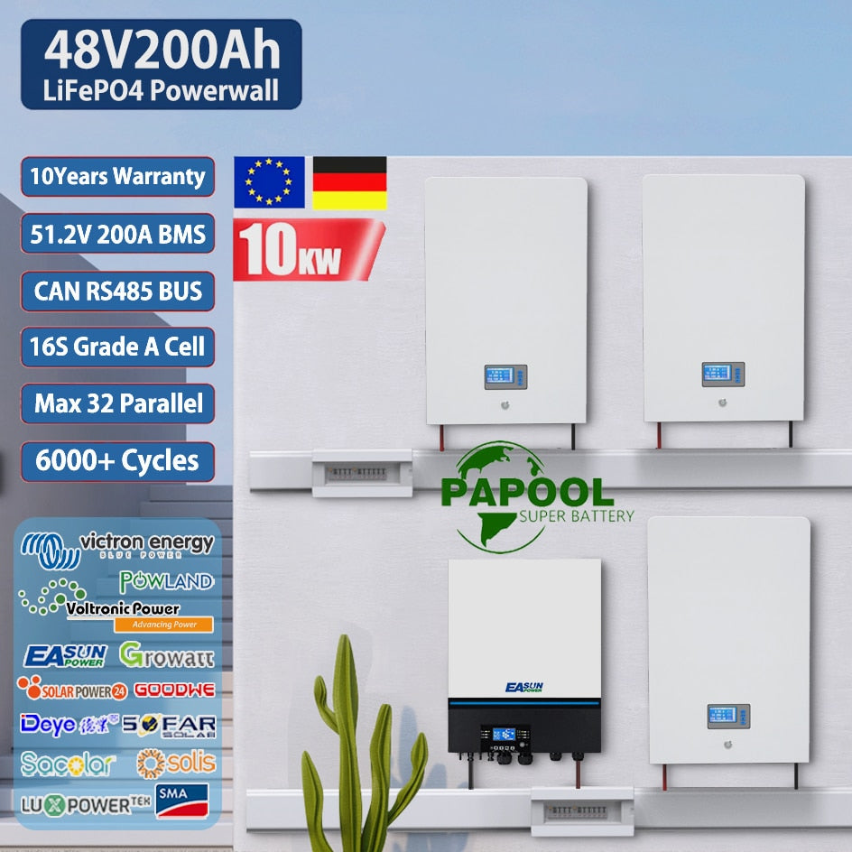 48V 200Ah Powerwall 10KW LiFePO4 Battery - 51.2V Built-in 16S 200A BMS CAN RS485 6000 Cycle For Solar Off/On Grid 10 Year Warranty