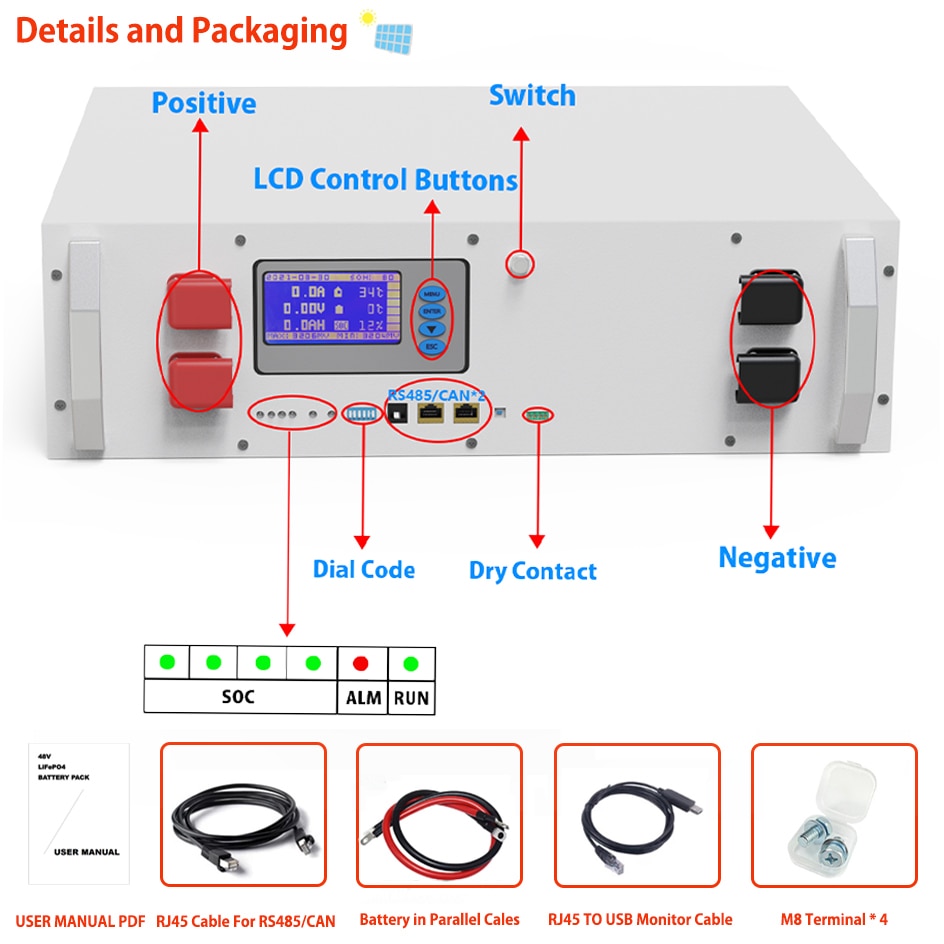 48V LiFePO4 Battery 51.V 6Kwh 120Ah 100Ah 60Ah 6000+ Cycles 108% Capacity Max 32 Parallel PC Monitor RS485/CAN 10Year Warranty
