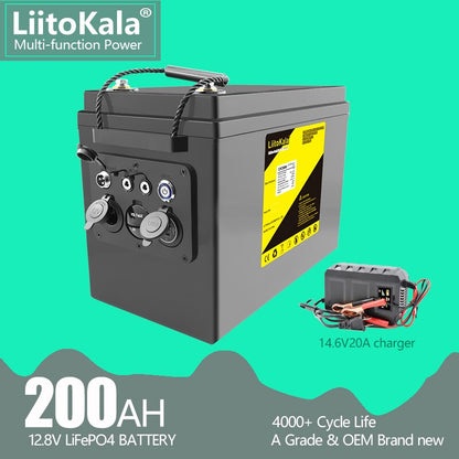 LiitoKala 12V 200Ah LiFePO4 Battery 12.8V Power For RV Campers Golf Cart Off-Road Off-grid Solar Wind .QC3.0 Type-C USB output
