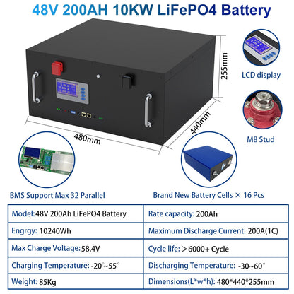 48V 200Ah LiFePO4 Battery 10KW Rack Pack CAN/RS485 Communication 32 Parellel 102% Capacity 6000 Cycle PC Monitor DE PL No TAX