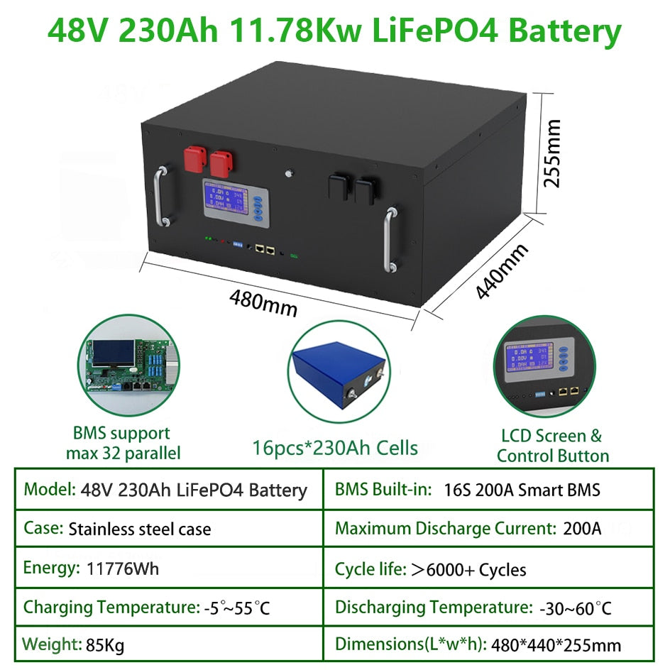 48V 230Ah 200Ah LiFePO4 Battery Pack - 51.2V 12Kw 10Kw 6000 Cycles 32 Parallel PC Monitor Inverter Battery Built-in CAN RS485 BMS