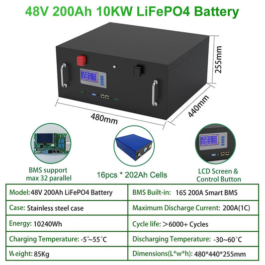 48V LiFePO4 100Ah 5120Wh Battery Pack - 16S 100A BMS CAN RS485 BUS PC Monitor 6000 Cycles Life 10 Years Warranty