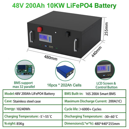 48V 300Ah LiFePO4 AKKU Battery Pack - 15Kw 6000+ Cycle RS485/CAN PC Monitor 16S BMS 51.2V 100Ah 200Ah For Off/On Gird Solar System