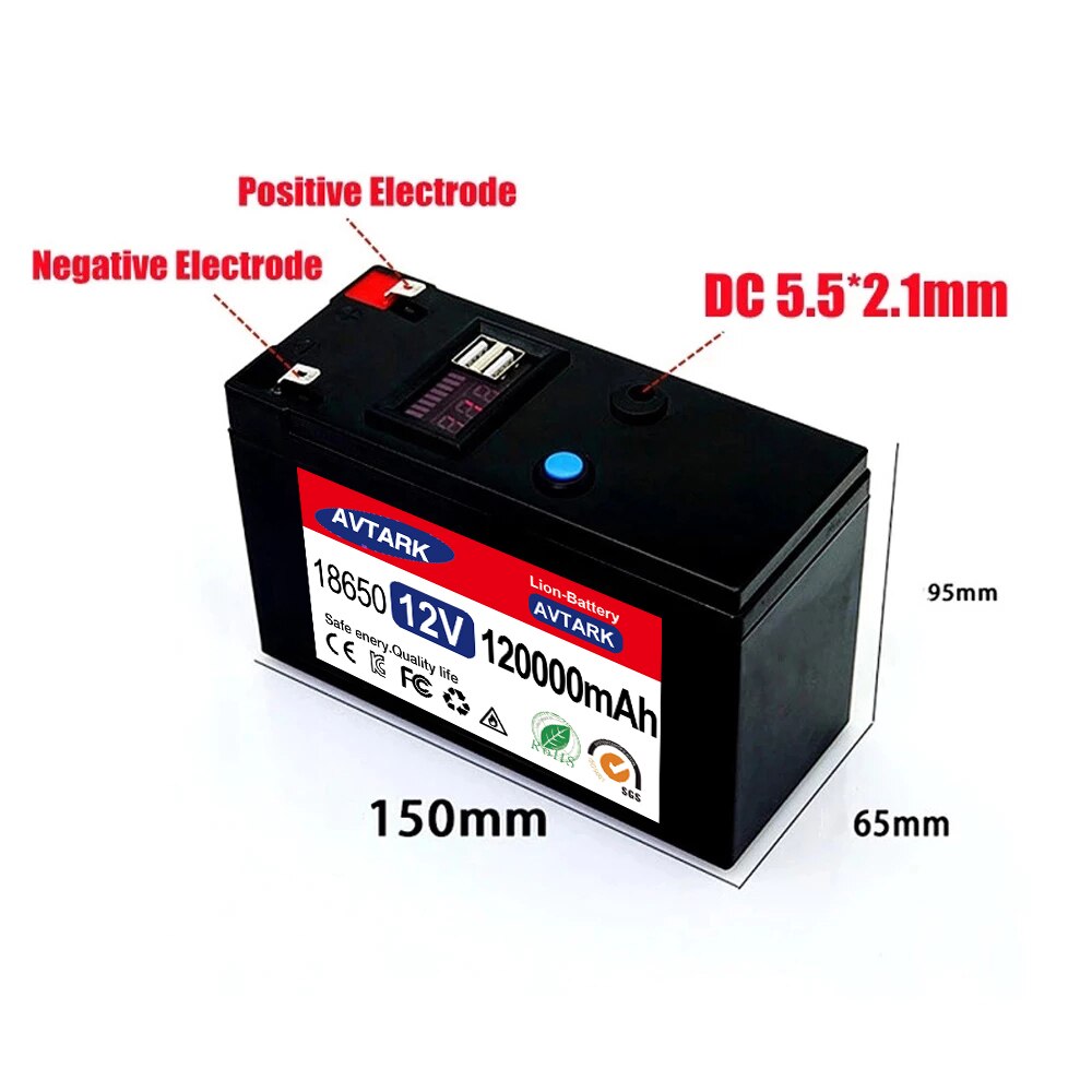 12V Battery 120Ah 18650 lithium battery pack Rechargeable battery for solar energy electric vehicle battery+12.6v3A charger