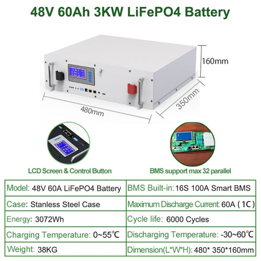 48V 200Ah Powerwall - 10Kwh LiFePO4 Battery Built-in 200A BMS CAN RS485 51.2V 6000+ Cycles 10 Years Warranty For Solar Off/On-Grid