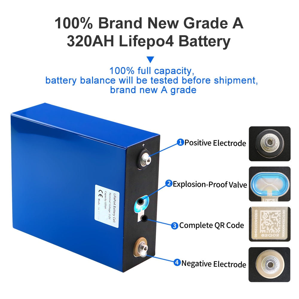 GRADE A 3.2V Lifepo4 320Ah Battery BRAND NEW Deep 6000 Cycles Rechargeable Batteri Pack DIY Vans RV Boats Golf Carts Solar Cells