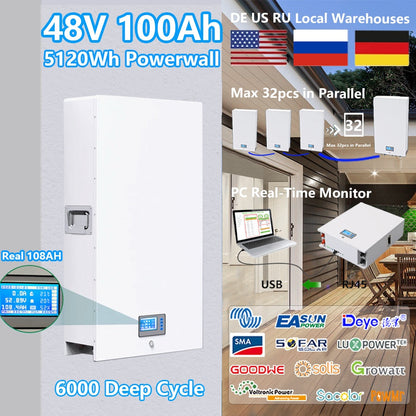 48V Powerwall 100Ah 200Ah LiFePO4 Battery - 6000+ Cycle CAN RS485 16S BMS 51.2V 5Kw 10Kw For PV Solar Off/On Grid 10Years Warranty
