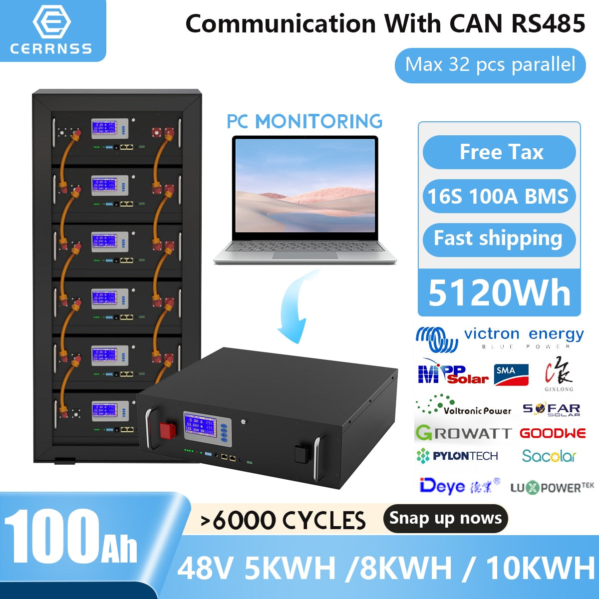 48V 100AH 200AH LiFePO4 Battery - 5KW 10KW Solar Lithium Batteries 6000+ Cycles RS485 CAN BUS PC Monitor For Off/On Grid Inverter