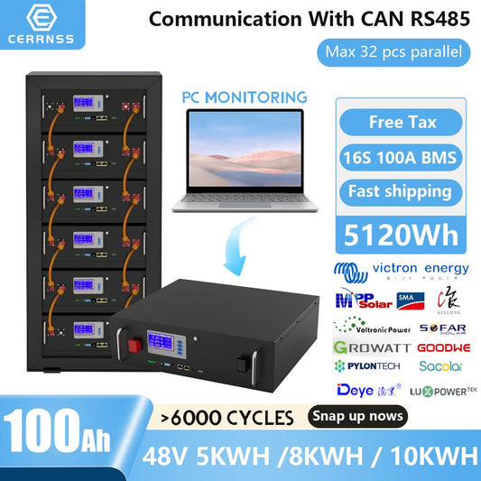 48V 100AH 200AH LiFePO4 Battery - 5KW 10KW Solar Lithium Batteries 6000+ Cycles RS485 CAN BUS PC Monitor For Off/On Grid Inverter