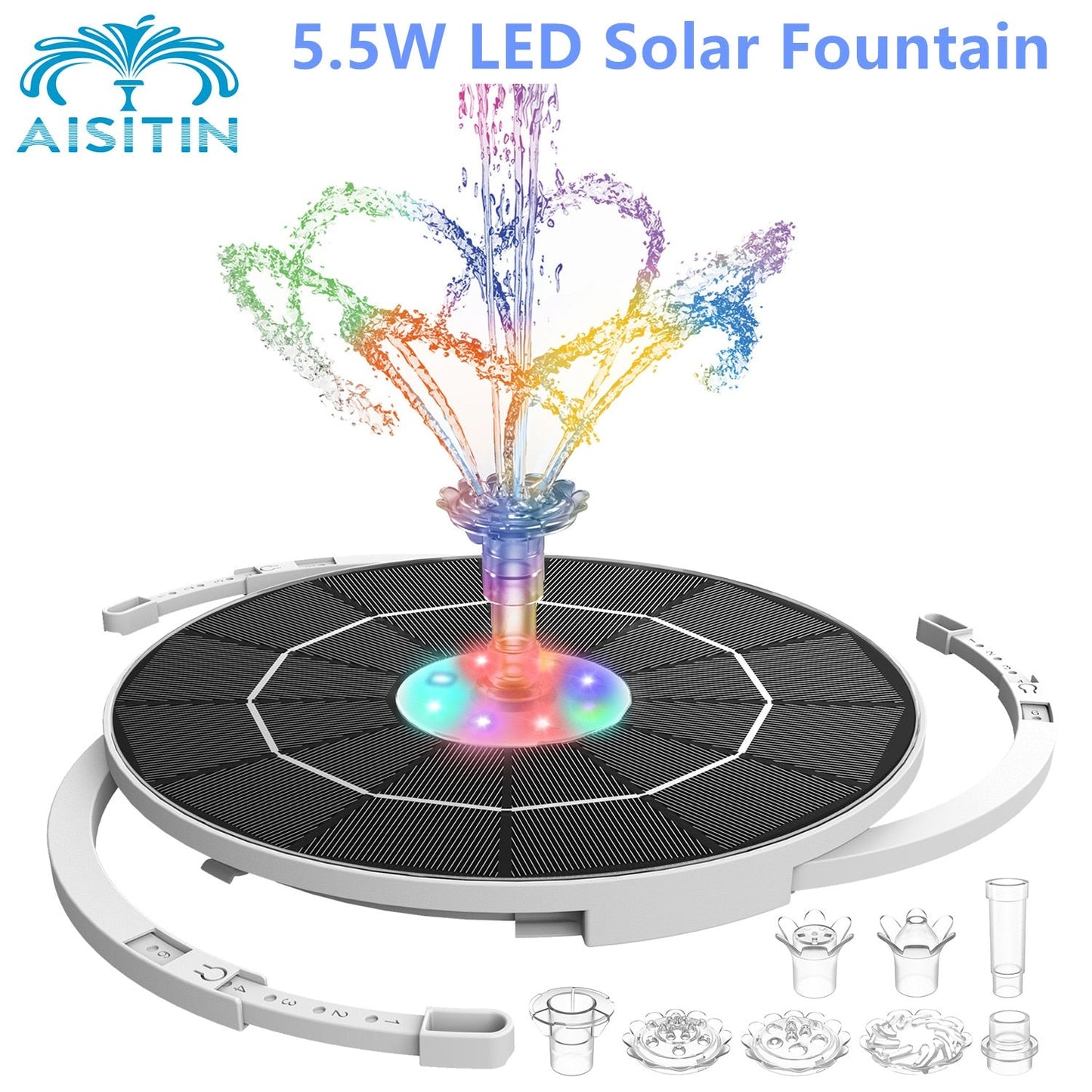 AISITIN 5.5W LED Solar Fountain - Solar Water Fountains with 3000mAh Battery 6 Nozzles. for Bird Bath. Garden and Outdoor.etc.