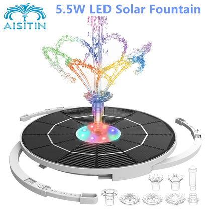 AISITIN 5.5W LED Solar Fountain - Solar Water Fountains with 3000mAh Battery 6 Nozzles. for Bird Bath. Garden and Outdoor.etc.