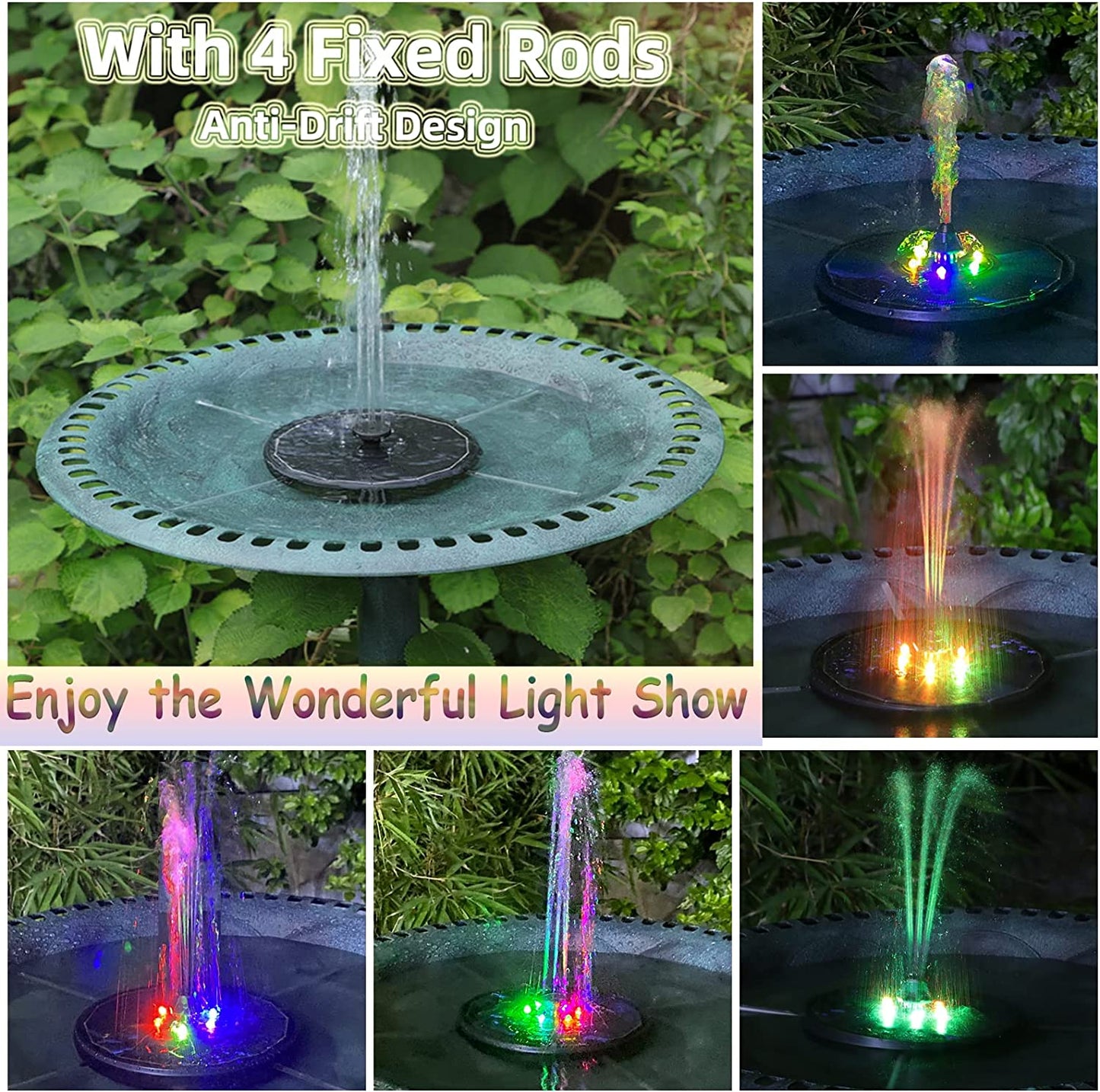 3W Solar Fountain Water Pump with color LED Lights for Bird Bath with 7 Nozzles & 4 Fixers Floating Garden Pond Tank