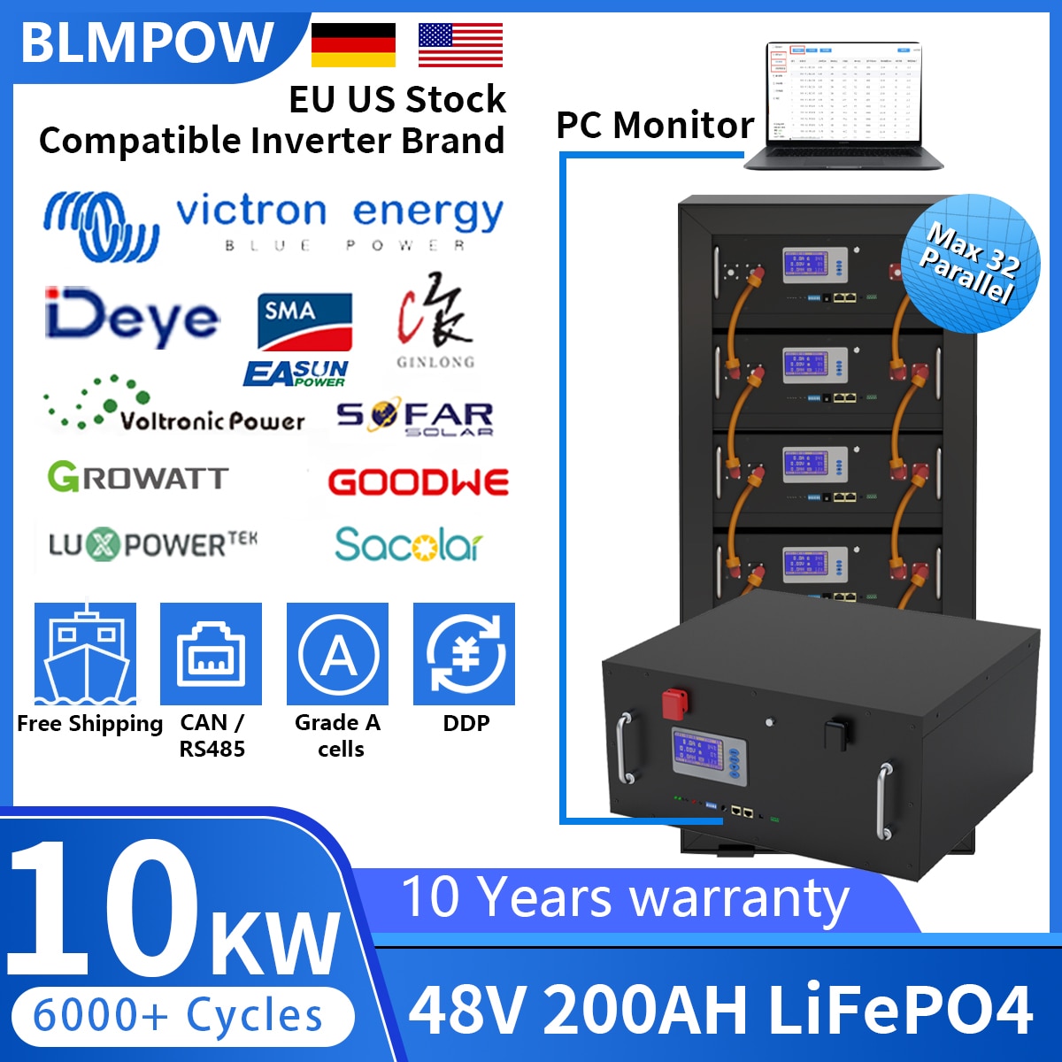 48V 200Ah 100AH LiFePO4 Battery Pack CAN/RS485 32 Parellel 10KW 5KW Super Capacity 6000+ Cycle PC Monitor 200A BMS For Solar