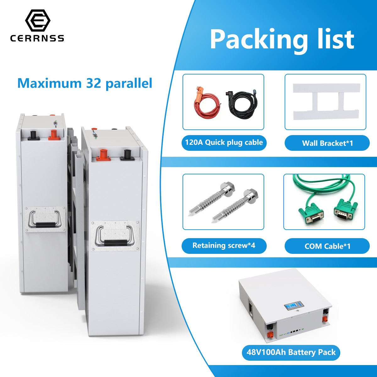 48V 100AH Powerwall LiFePO4 Battery Pack - 5KW Lithium Battery Max 32 Parallel 6000+ Cycles RS485/CAN Com For Inverter LiFePO4 48V