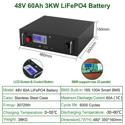 48V 300Ah LiFePO4 AKKU Battery Pack - 15Kw 6000+ Cycle RS485/CAN PC Monitor 16S BMS 51.2V 100Ah 200Ah For Off/On Gird Solar System