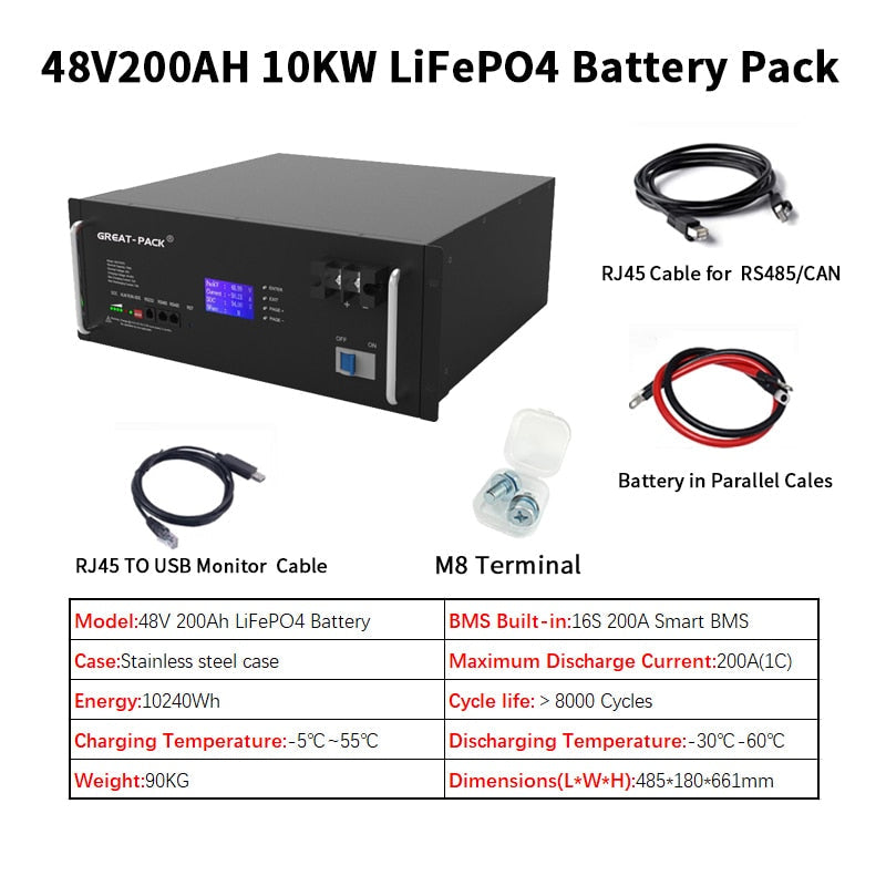 Great Pack 48V 200Ah LiFepo4 Household Power Energy Storage 10KWH Battery Long Service Life Solar UPS System