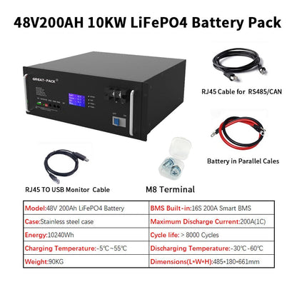 Great Pack 48V 200Ah LiFepo4 Household Power Energy Storage 10KWH Battery Long Service Life Solar UPS System