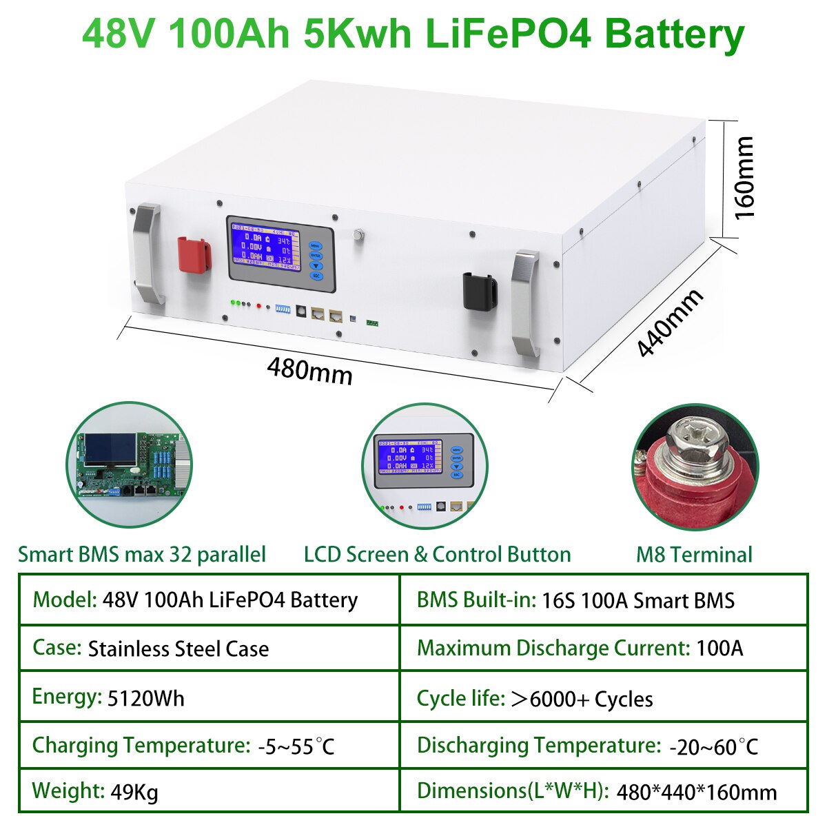 48V 200Ah Powerwall - 10Kwh LiFePO4 Battery Built-in 200A BMS CAN RS485 51.2V 6000+ Cycles 10 Years Warranty For Solar Off/On-Grid