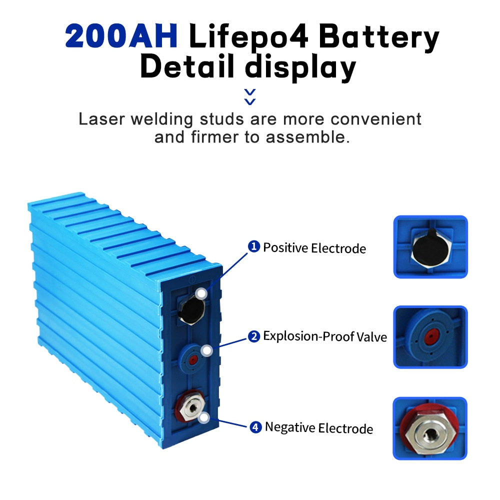 3.2V 200AH Lifepo4 Lithium Iron Phosphate Solar Battery Deep Cycle 12V 24V 48V DIY Cells For Electric Folklifts EV RV Golf Carts
