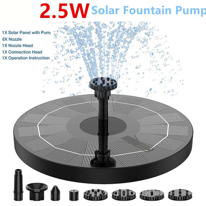 2.5W Solar Bird Bath Fountain - Solar Fountain Pump for Bird Bath with 6 Nozzles. Solar Powered Water Fountain for Garde