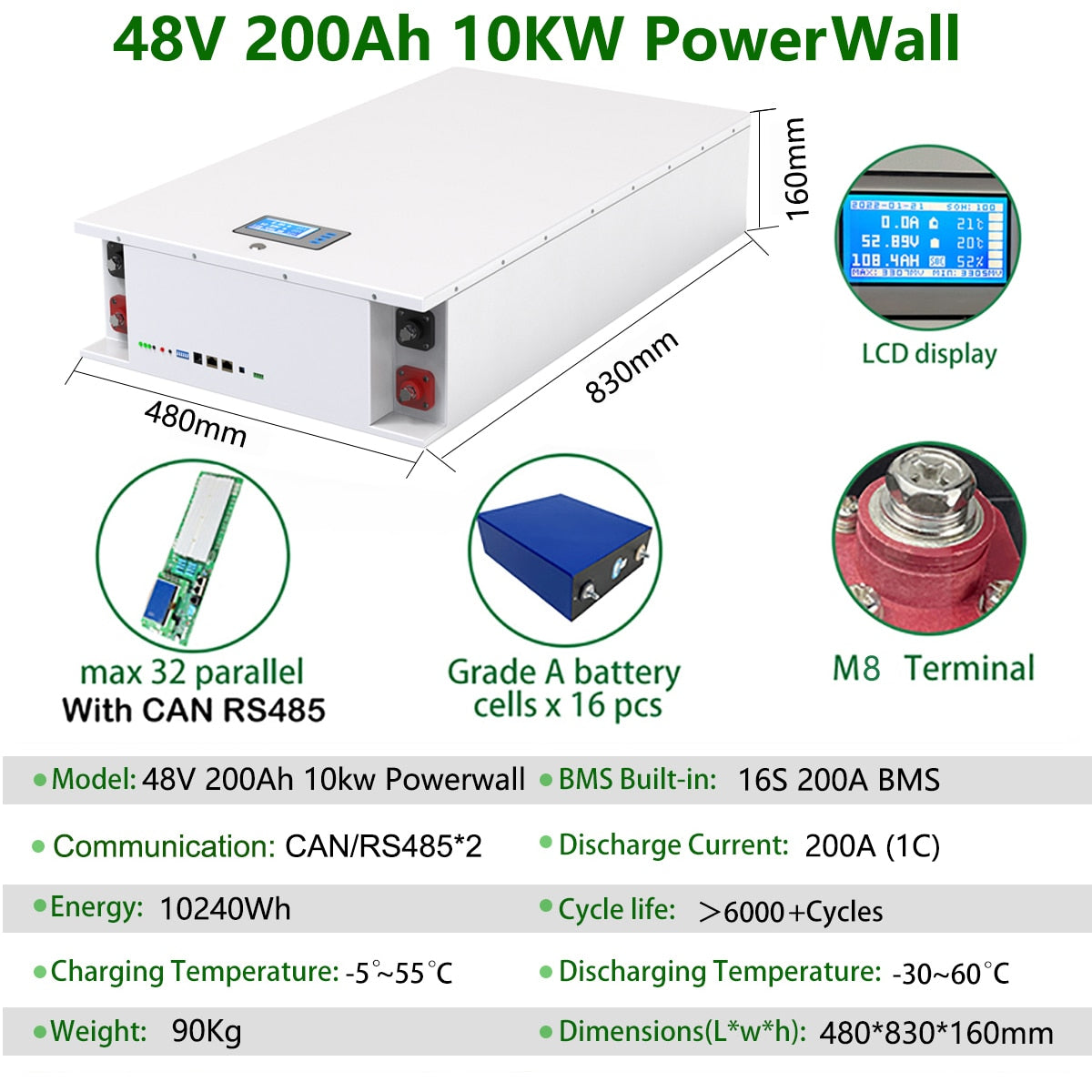 LiFePO4 Battery 48V 200Ah 10Kw Powerwall 51.2V Built-in BMS Parallel 320Kw With CAN RS485＞6000 Cycles For Solar 10 Year Warranty