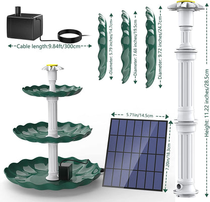 3 Tiered Bird Bath with 3W Solar Pump - DIY Solar Fountain Detachable and Suitable for Bird Bath. Garden Decoration