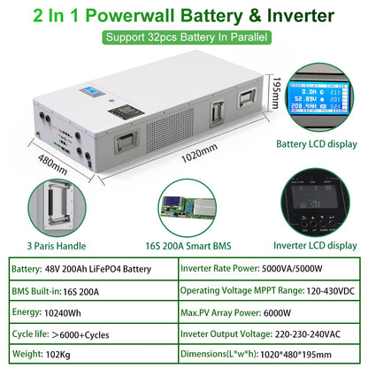 48V Powerwall LiFePO4 51.2V 100Ah 200Ah Battery Pack - 2IN1 Plug Play 6000 Cycle 5Kwh 10Kwh Built-in 16S BMS 5Kw 220-240V Inverter