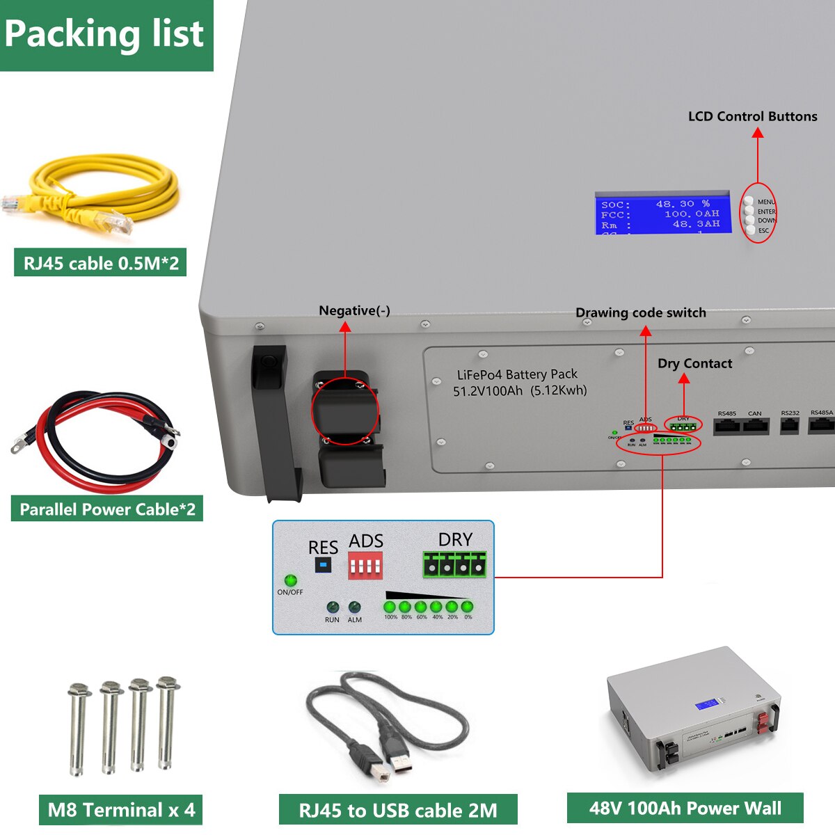 Powerwall LiFePO4 48V 100AH 5KW Battery Pack - 51.2V Lithium Solar Battery 6000+ Cycle With RS485 CAN COM For Off/On-Grid Inverter