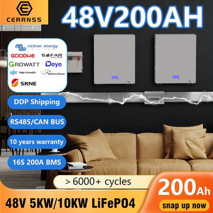 Powerwall 48V 200AH 10KW LiFePO4 Batttery Pack - 6000+ Cycles With RS485 CAN COM Max 16 Parallel For Off/On-Grid Solar Inverter