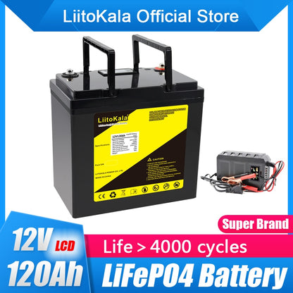 LiitoKala 12v 120ah Capacity lifepo4 12.8V battery solar battery pack RV Rechargeable Lithium Iron with bms for Outdoor camping