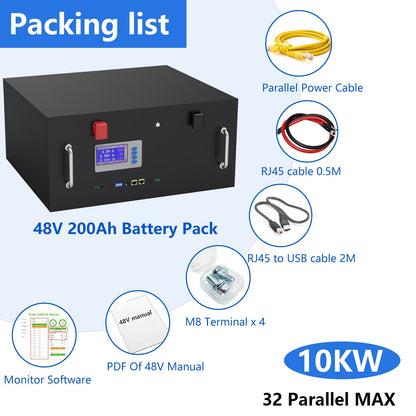48V 200Ah 100AH LiFePO4 Battery Pack CAN/RS485 32 Parellel 10KW 5KW Super Capacity 6000+ Cycle PC Monitor 200A BMS For Solar