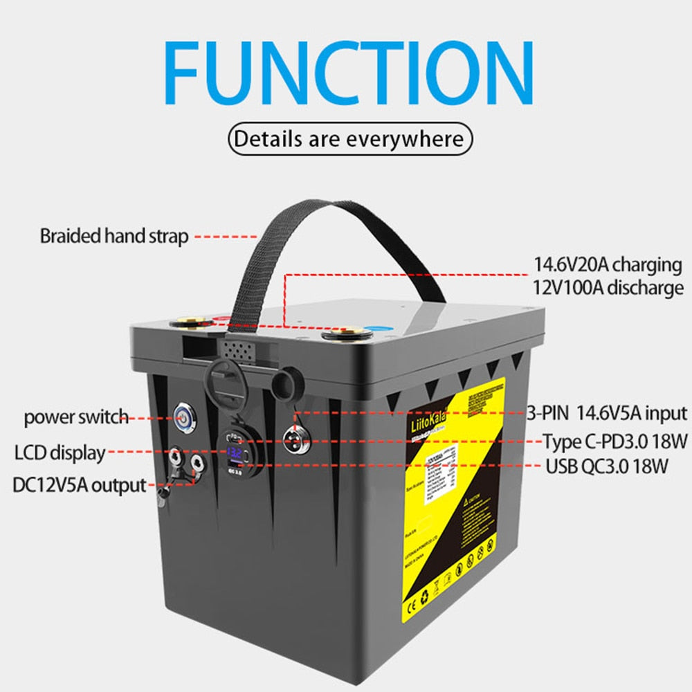 LiitoKala 12V 120Ah LiFePO4 Battery 12.8V Power For RV Campers Golf Cart Off-Road Off-grid Solar Wind .QC3.0 Type-C USB output