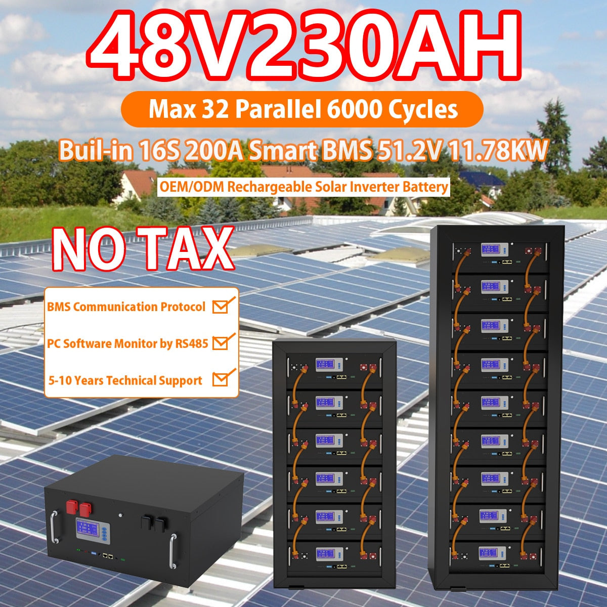 48V 230Ah 200Ah LiFePO4 Battery Pack - 51.2V 12Kw 10Kw 6000 Cycles 32 Parallel PC Monitor Inverter Battery Built-in CAN RS485 BMS