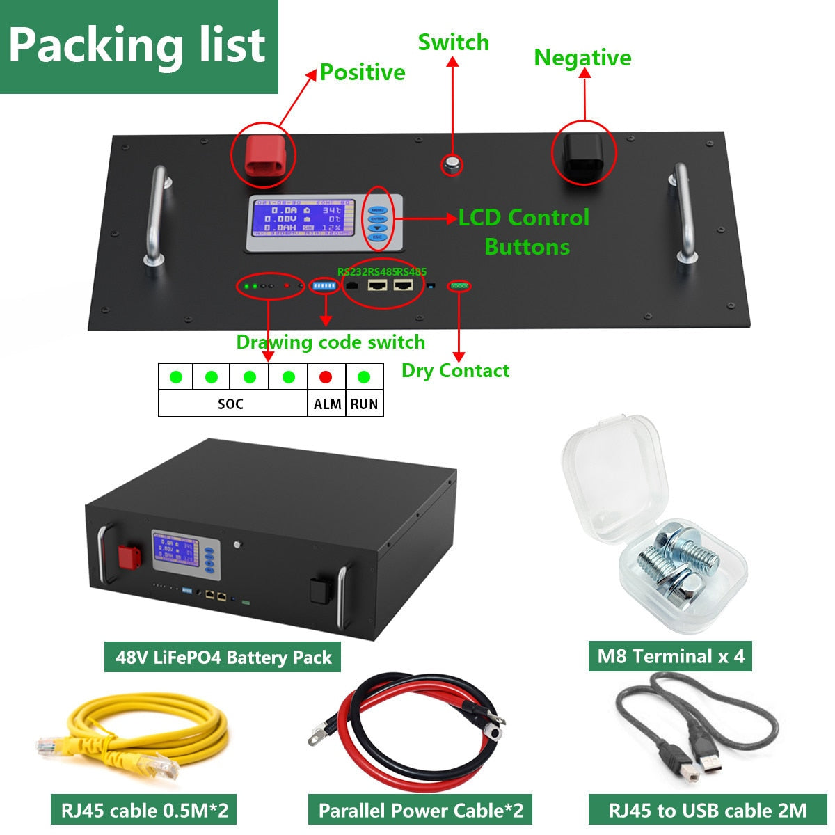 48V 100AH 200AH LiFePO4 Battery - 5KW 10KW Solar Lithium Batteries 6000+ Cycles RS485 CAN BUS PC Monitor For Off/On Grid Inverter