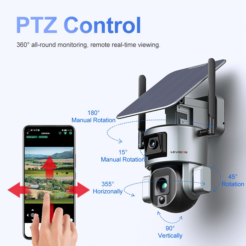 LS VISION LS-MS1-10X Solar Camera - 4K 8MP HD Dual Lens 4G Solar Security Camera Outdoor 4X 10X Optical Zoom WiFi Camera Auto Tracking Waterproof CCTV Cam